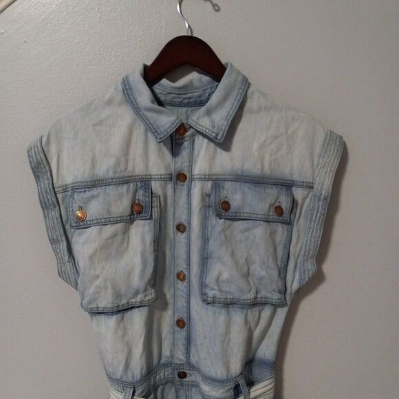 Happy X Nature Size 10 Denim Romper-Belted-Pockets-Light Wash-Pockets-Sleeveless - Picture 3 of 10